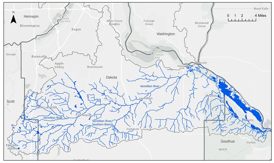 The Vermillion River and tributaries in Dakota and Scott Counties, stretching to the St. Croix in the east on the right side of the map.
