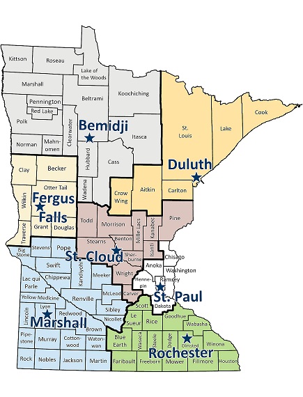 Visual Minnesota state map for the Well Management Section district office boundaries as described below.