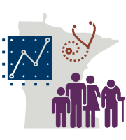 Image of Minnesota shape in the background, generic graph, and icons of a stethoscope and group of people in the foreground.