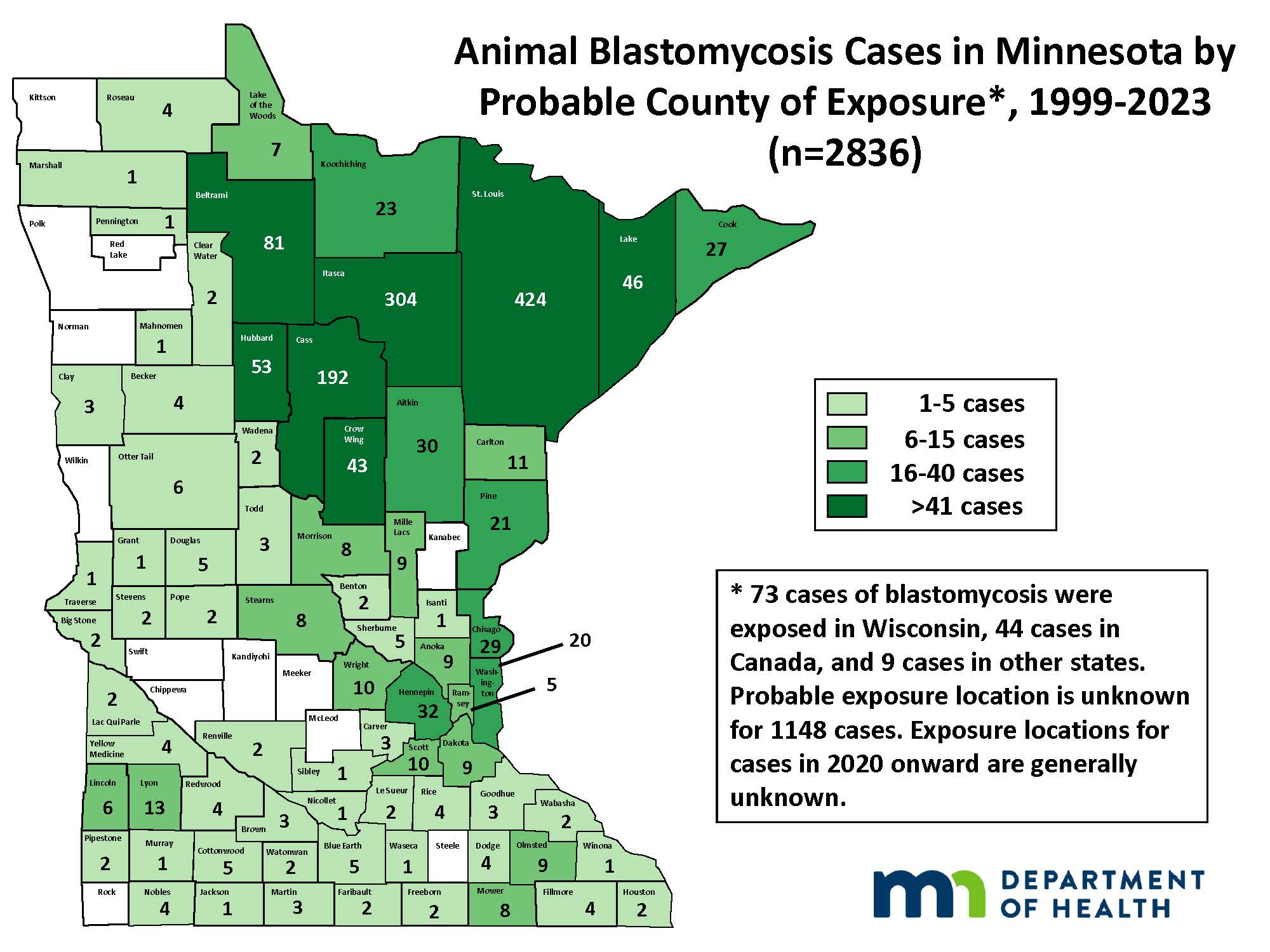 Map showing animal blastomycosis by county of exposure