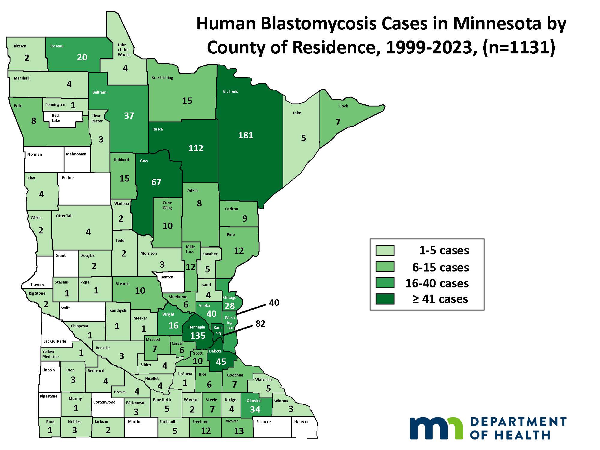 Map of Minnesota blastomycosis cases by County of Residence