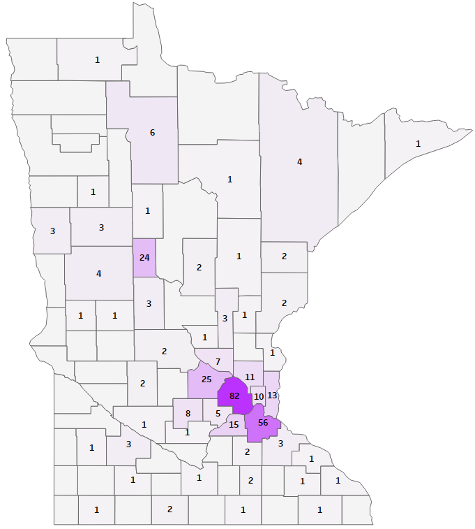 Probable and confirmed varicella case counts by county.