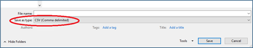 save as type: csv (comma delimited)