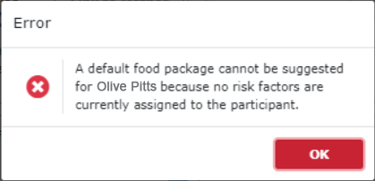 Unable to create default food package because no assigned risk factors for current age category