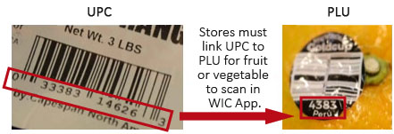 UPC for package of oranges with arrow to PLU on orange-stores must link UPC to PLU for fruit or vegetable to scan in WIC App.